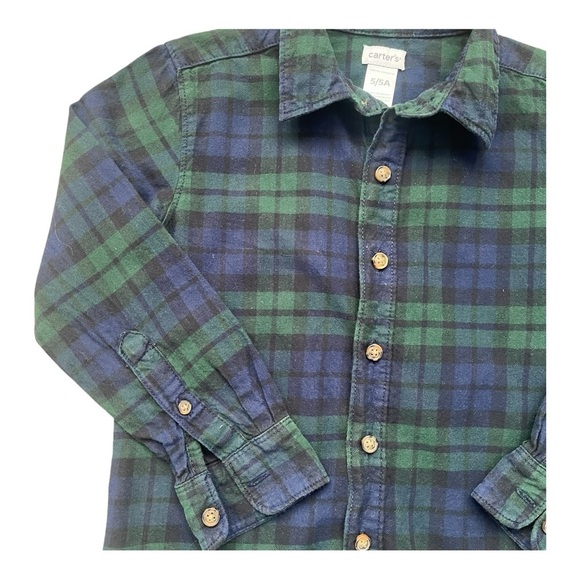 Carter’s casual school play plaid Boy 5/5A shirt button down green navy blue - Picture 3 of 8